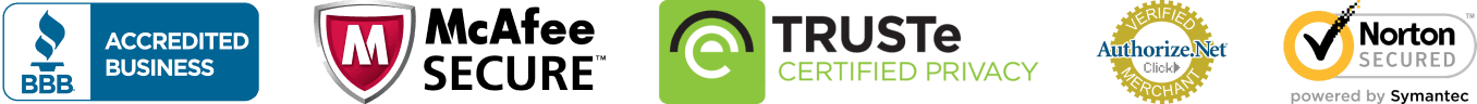 Secured by BBB Accredited Business, McAfee Secure, TRUSTe Certified Privacy, Authorize.Net Verified Merchant and Norton Secured
